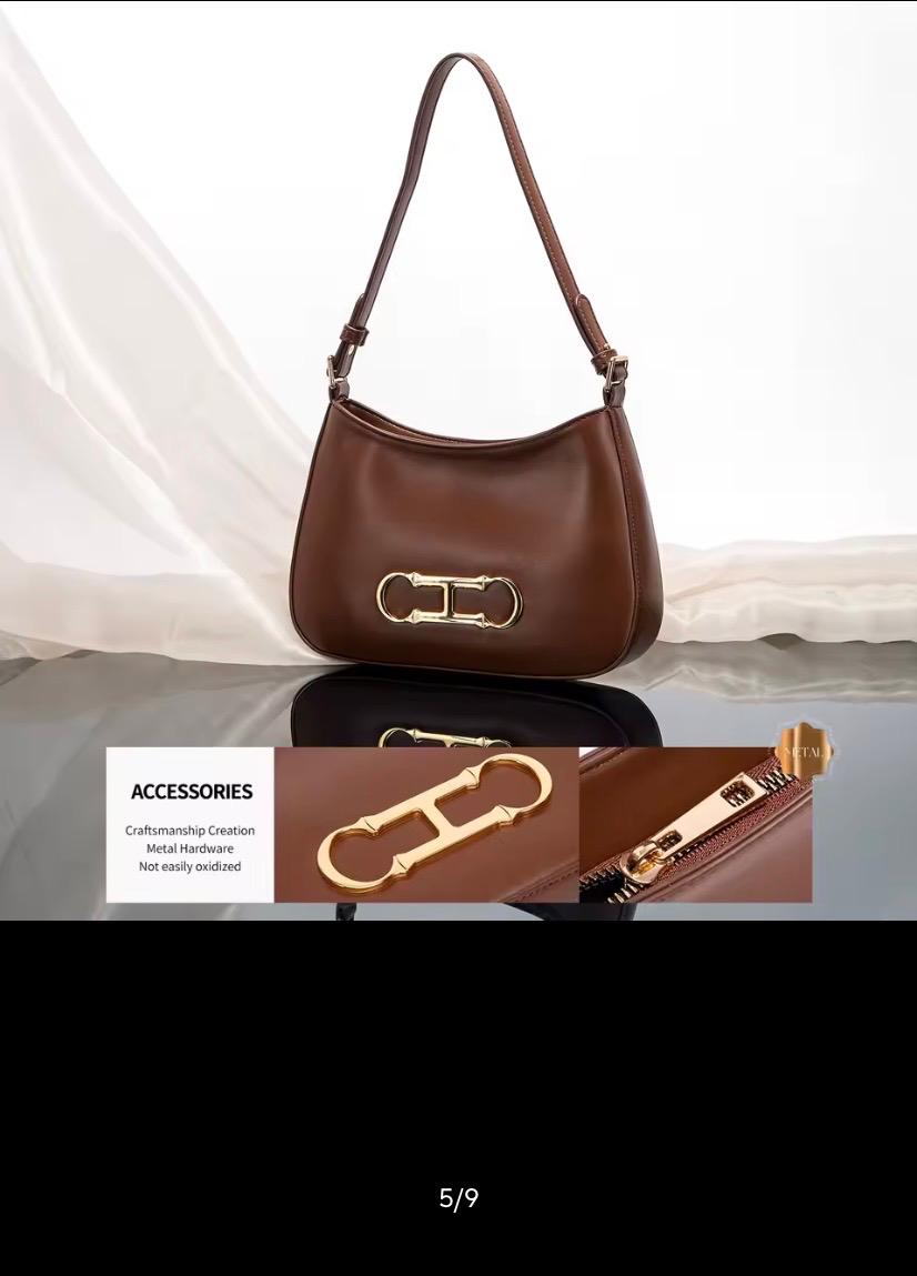 Elegant Brown Leather Shoulder Bag with Gold Statement Hardware