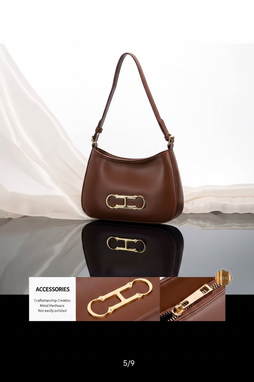 Elegant Brown Leather Shoulder Bag with Gold Statement Hardware