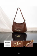 Elegant Brown Leather Shoulder Bag with Gold Statement Hardware