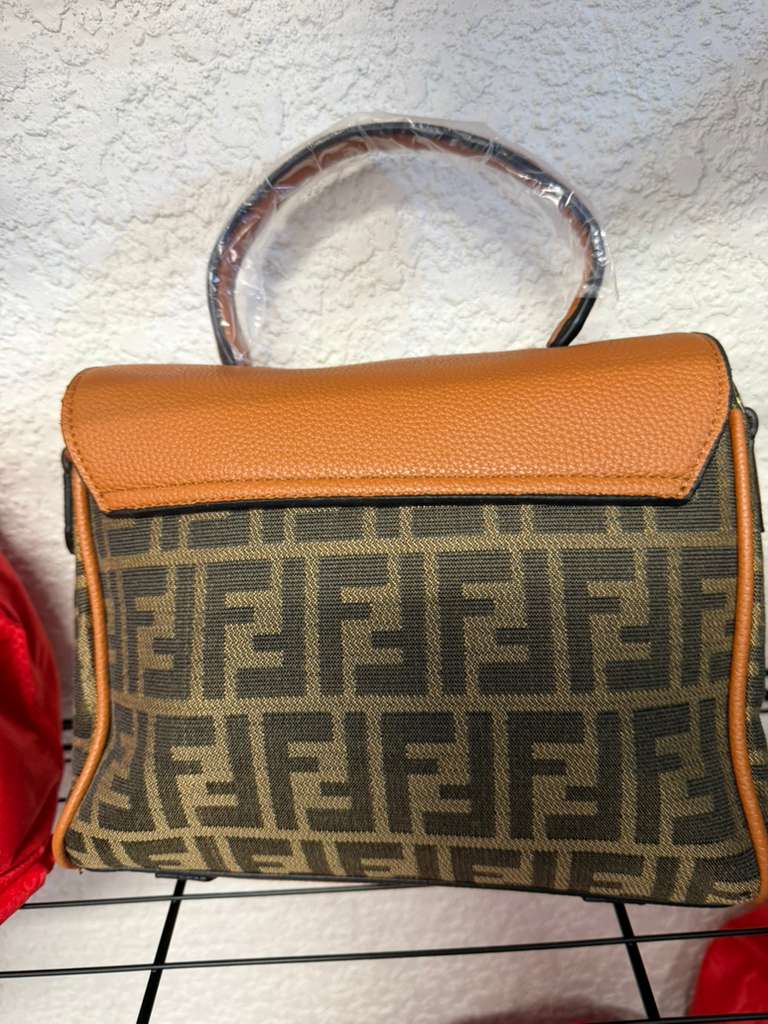 Brown Monogram Top Handle Bag with Gold Medallion Detail