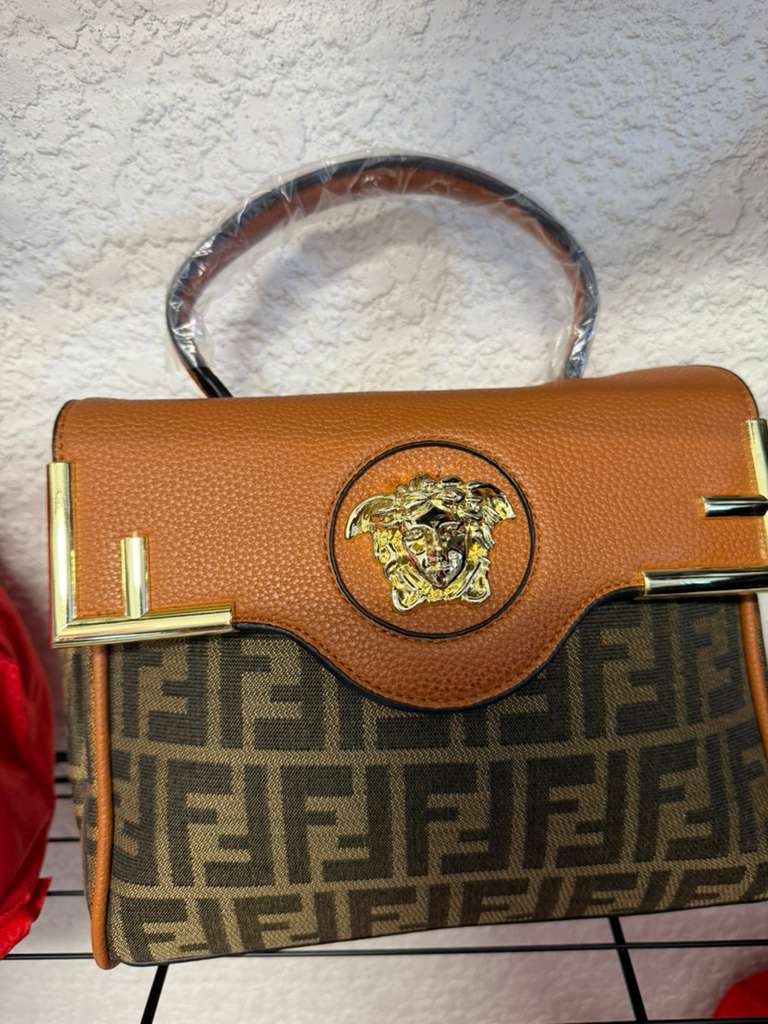 Brown Monogram Top Handle Bag with Gold Medallion Detail