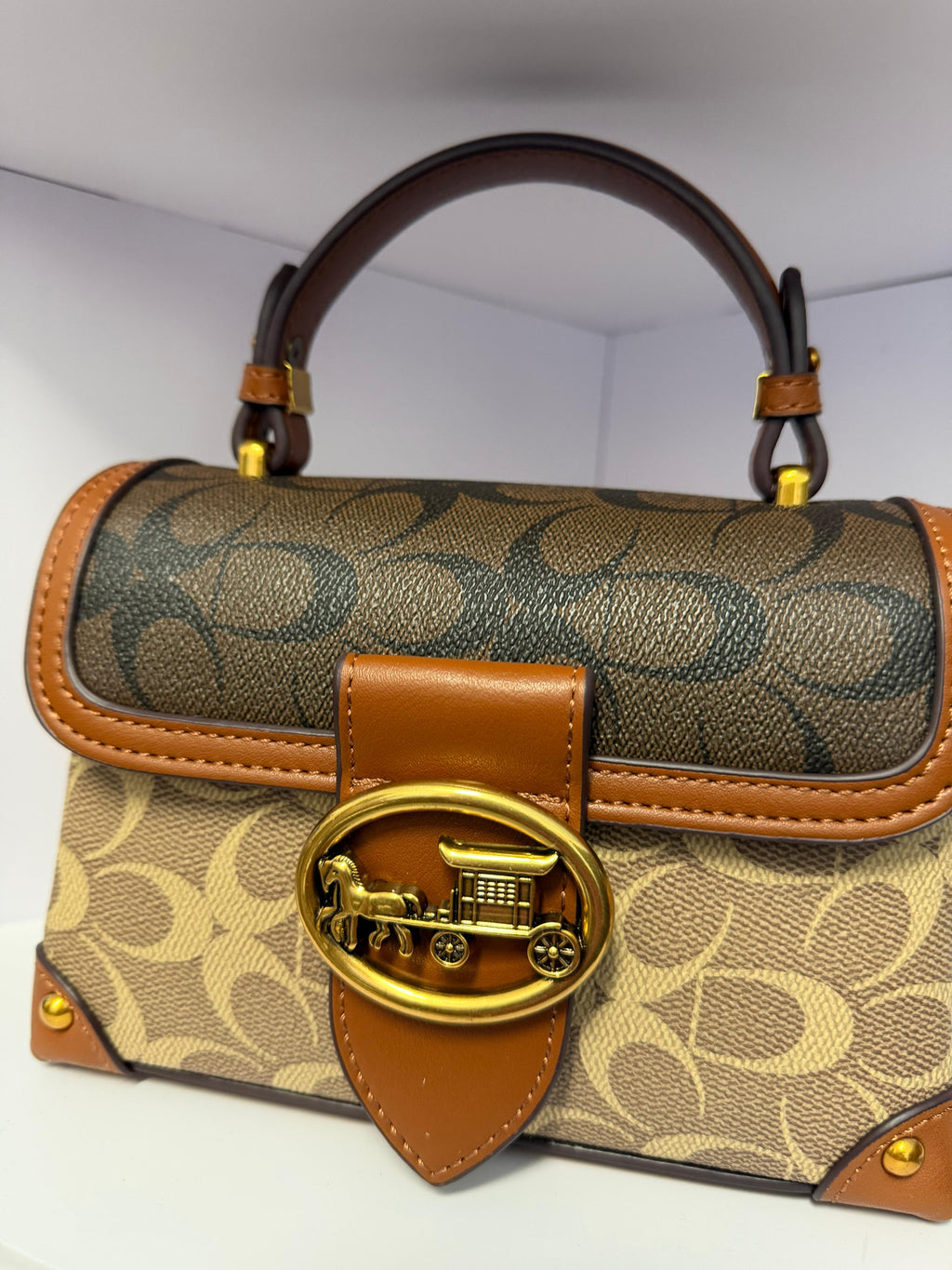 Brown Monogram Top Handle Bag with Gold Medallion Detail